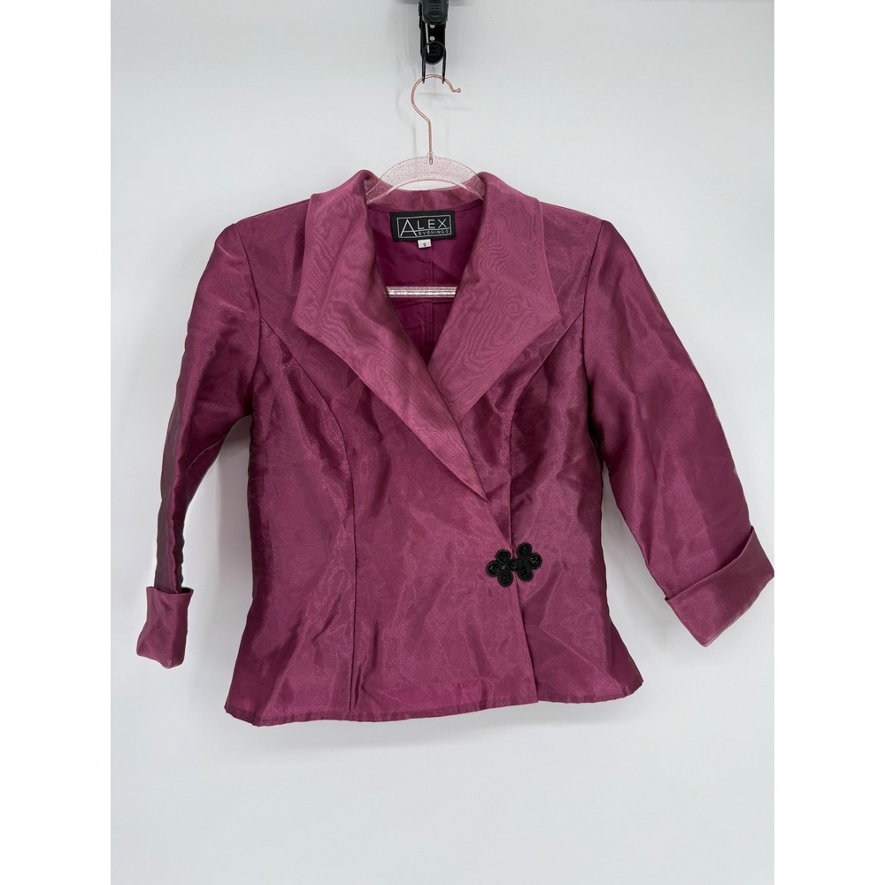 Alex Evenings Womens Plum Shimmer Evening Jacket 3/4 Sleeve Frog Closure Sz S